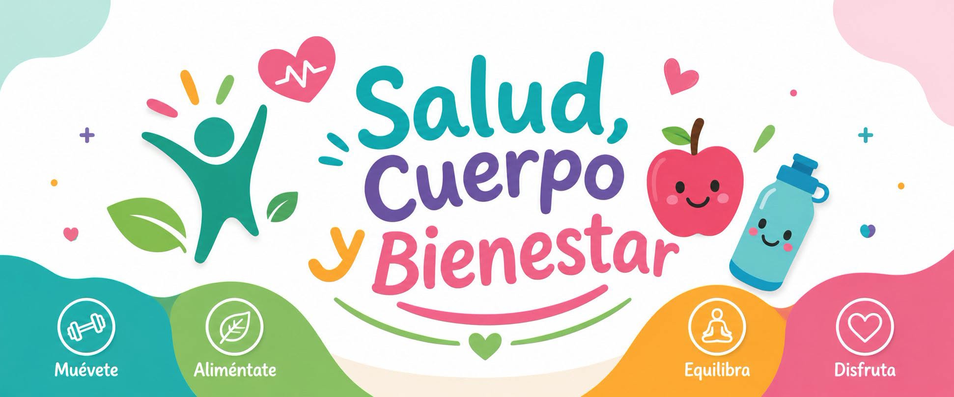 Logo de Salud Cuerpo y Bienestar con sus cuatro pilares: muévete, aliméntate, equilibra y disfruta