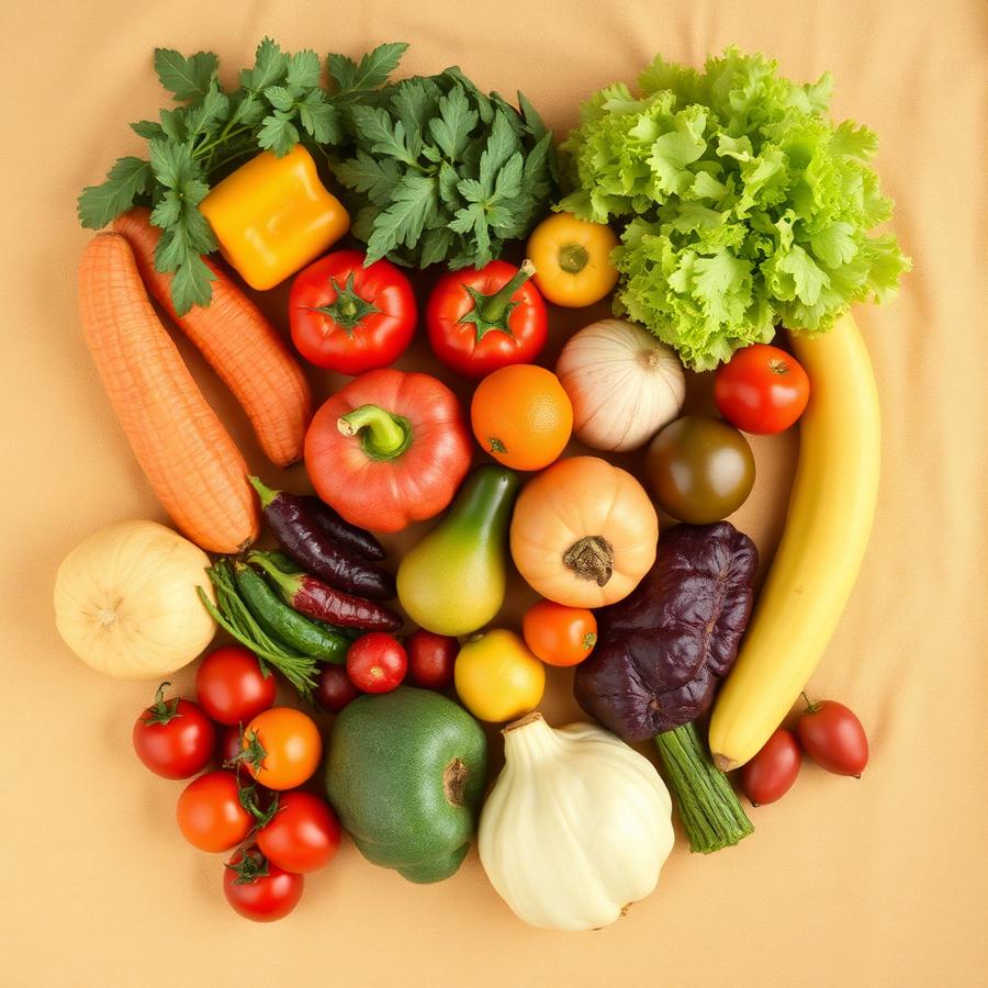 Plato de alimentación saludable con frutas y verduras frescas