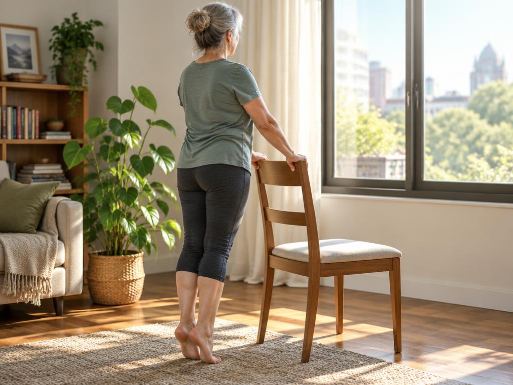 Persona adulta haciendo movimientos suaves en casa junto a una silla